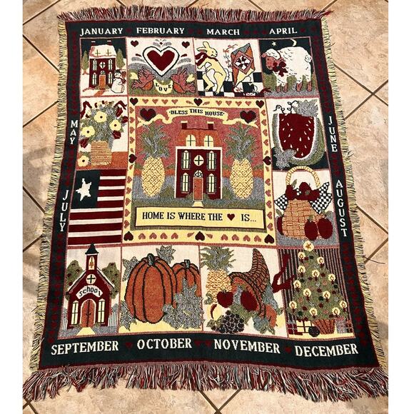 Unbranded Other - VTG Throw, Blanket, Wall Tapestry, God Bless, Calendar Seasons ,fringe 60X46